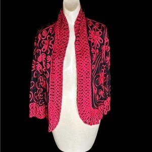 Weavz Red Black Womens XL Red & Black Embroidered Sheer Shrug Open Cardigan